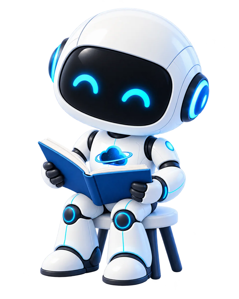 Robot de OdiseaCloud leyendo un libro para representar las aulas virtuales