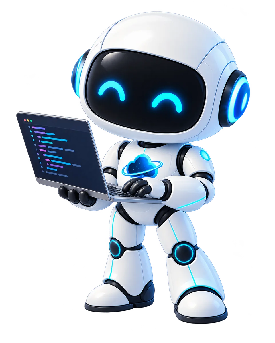 Robot de OdiseaCloud programando una página web en su laptop