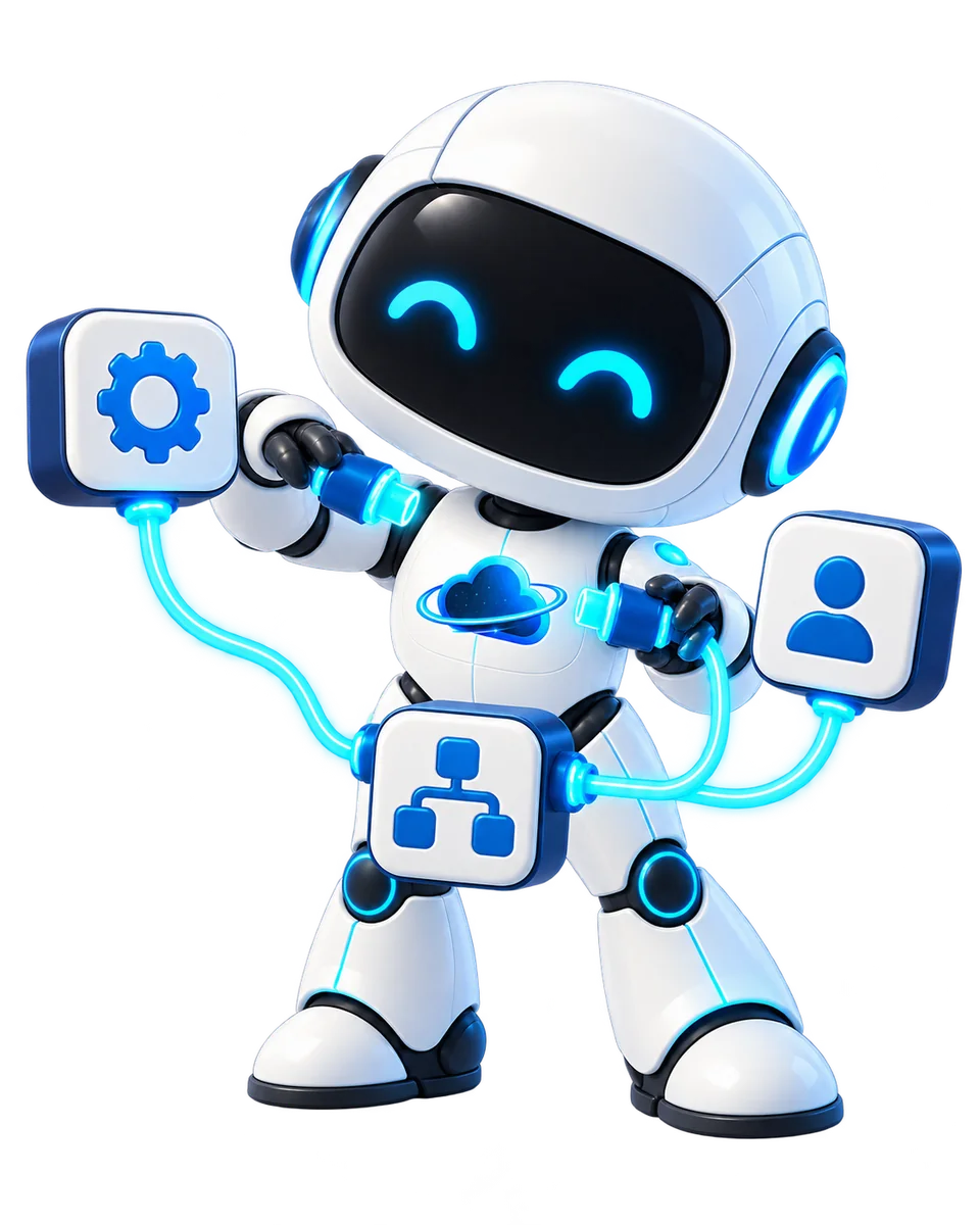 Robot de OdiseaCloud conectando herramientas y flujos de automatización