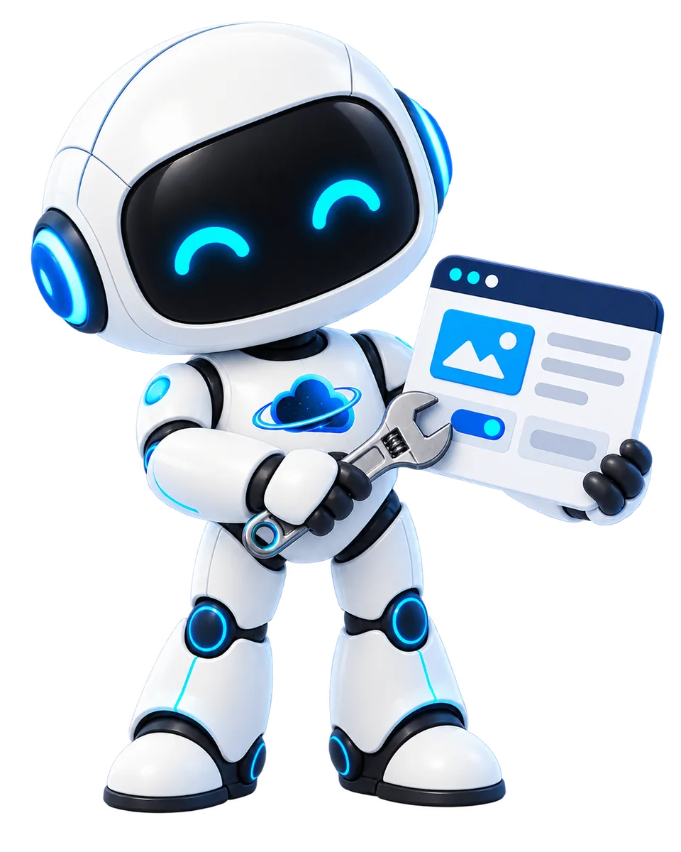 Robot de OdiseaCloud ajustando una página web con una herramienta