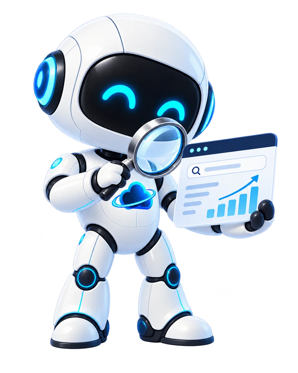 Robot de OdiseaCloud analizando una página web con una lupa